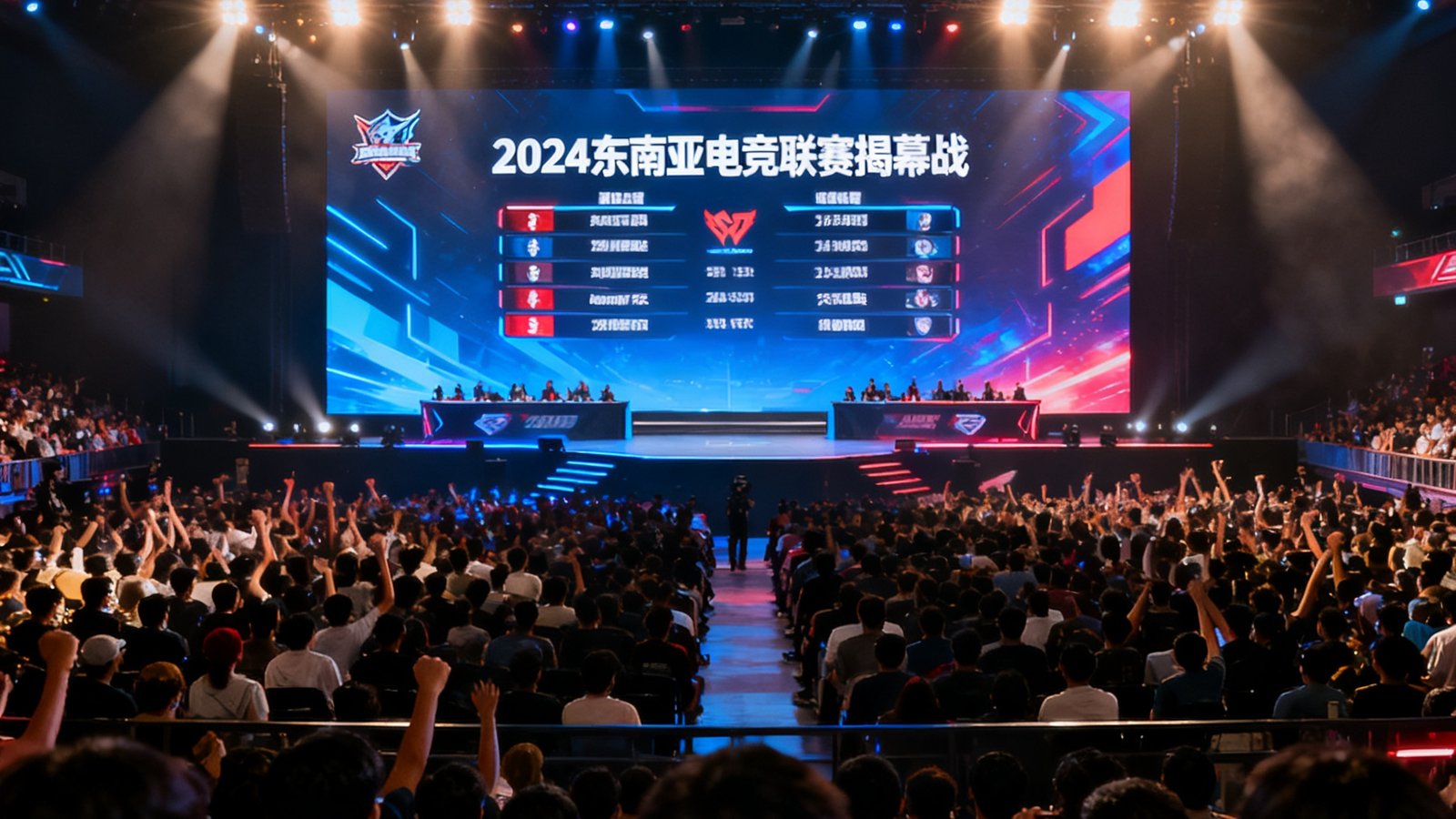 东南亚电竞联赛2024赛季揭幕战现场，舞台中央巨大的LED屏幕显示比赛对阵信息，观众席爆满。