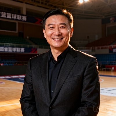 浙江省篮球联赛负责人张总的半身肖像照，穿着深色西装，背景为体育馆内场，表情自信而满意。
